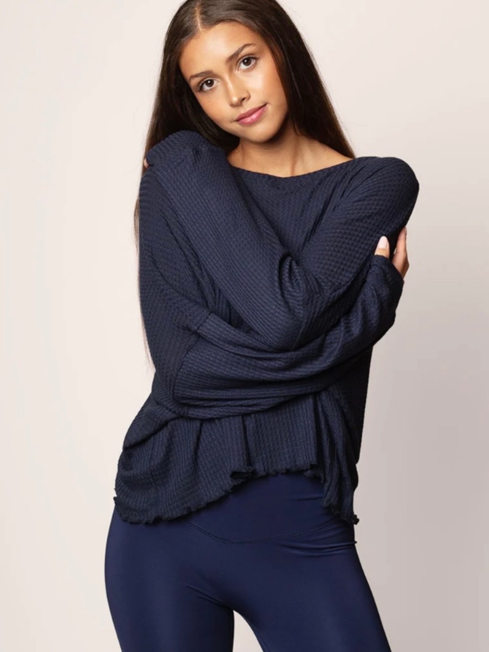 Emily Hsu Oversized Long Sleeve Waffle Top— Size Large—Navy